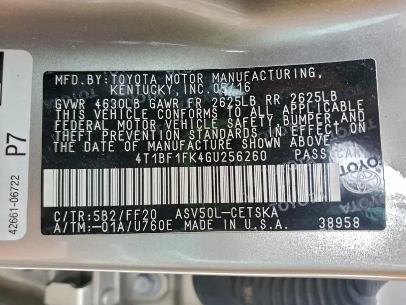 2016 TOYOTA CAMRY LE  