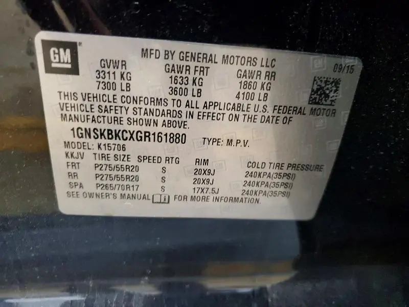 2016 CHEVROLET TAHOE K1500 LT  