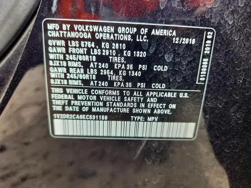 2019 VOLKSWAGEN ATLAS SE  