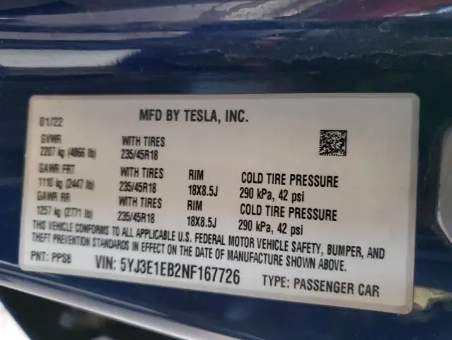 2022 TESLA MODEL 3   