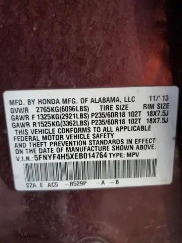2014 HONDA PILOT EXL  