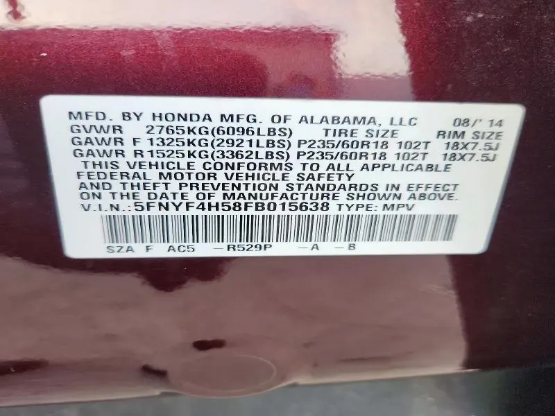 2015 HONDA PILOT EXL  