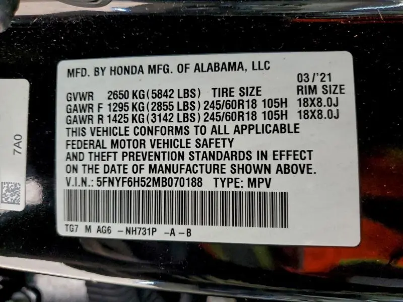 2021 HONDA PILOT EXL  