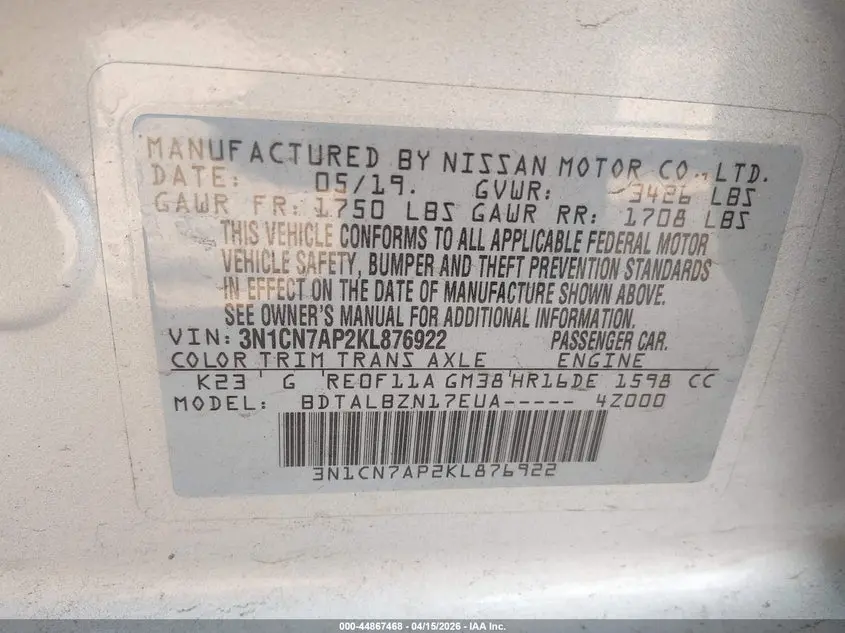 2019 NISSAN VERSA 1.6 SV