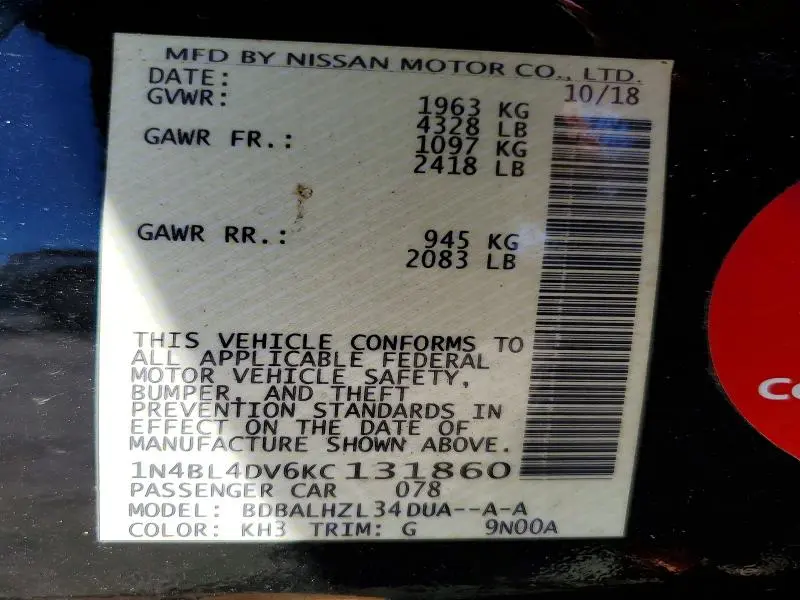 2019 NISSAN ALTIMA 2.5 SV  