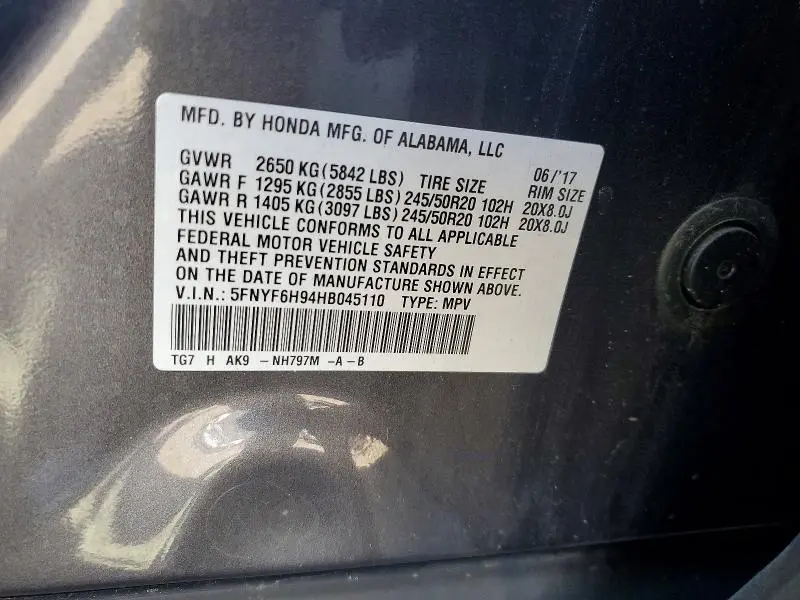 2017 HONDA PILOT TOURING  