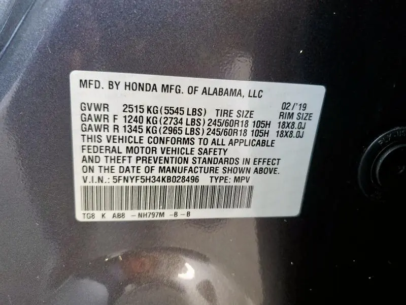 2019 HONDA PILOT EX  