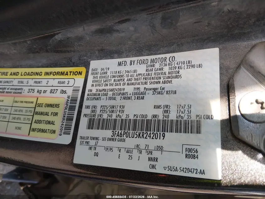 2019 FORD FUSION HYBRID SE