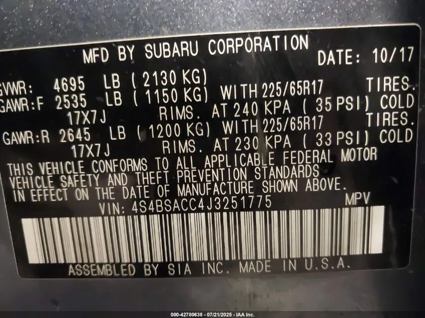 2018 SUBARU OUTBACK 2.5I PREMIUM