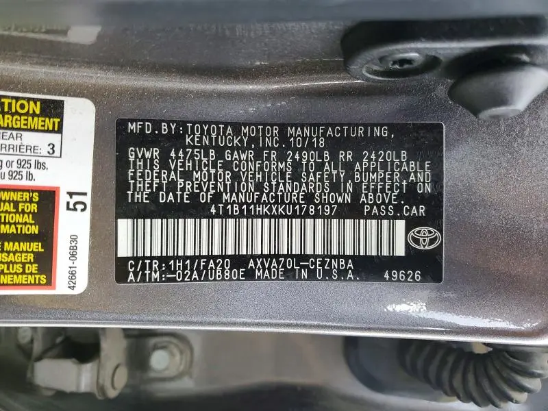2019 TOYOTA CAMRY LE  