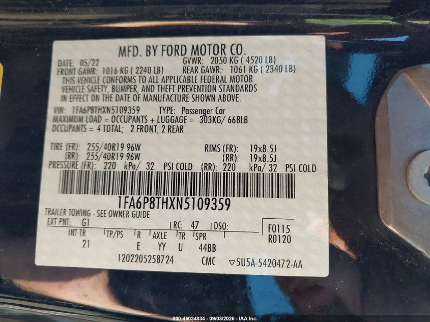 2022 FORD MUSTANG ECOBOOST FASTBACK