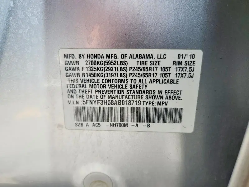 2010 HONDA PILOT EXL  