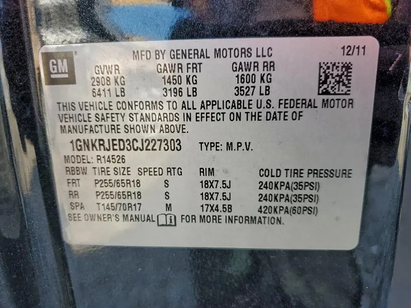 2012 CHEVROLET TRAVERSE LT  