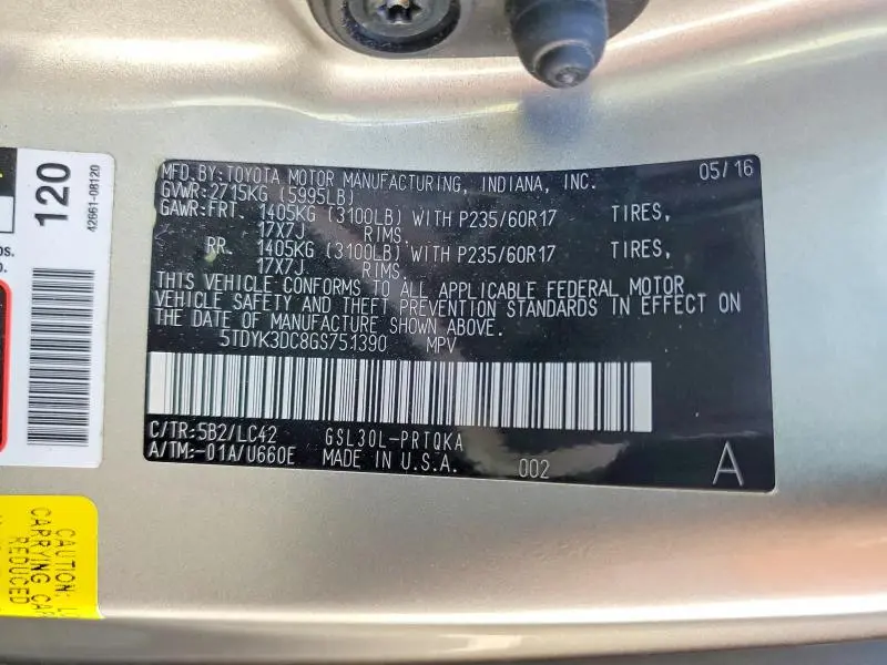 2016 TOYOTA SIENNA XLE 8-PASSENGER  