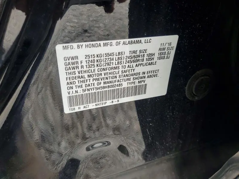 2017 HONDA PILOT EXL  