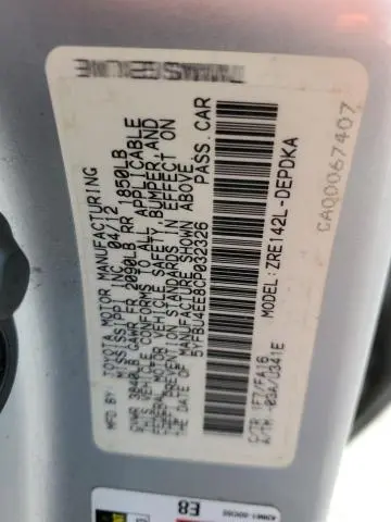 2012 TOYOTA COROLLA BASE  