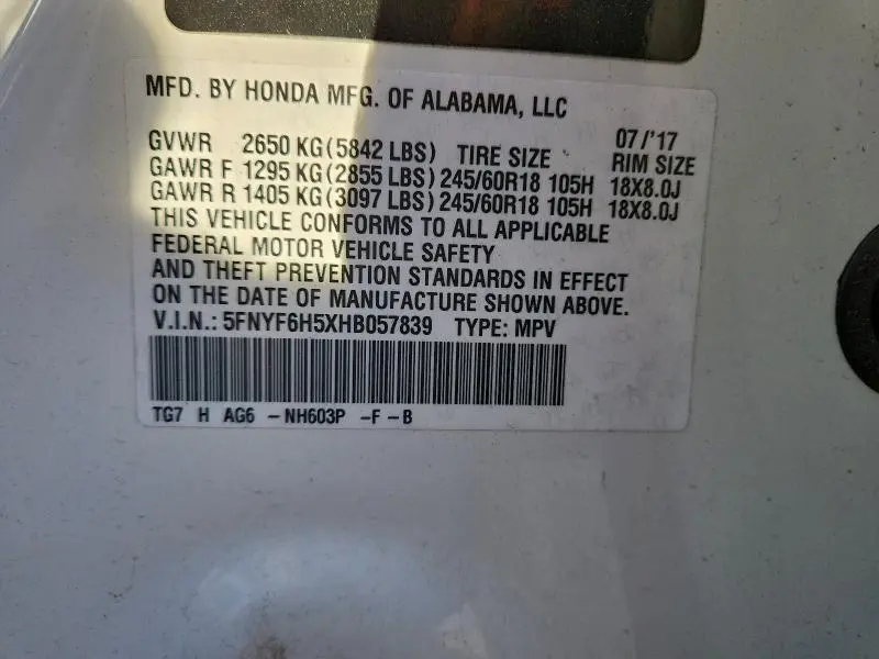 2017 HONDA PILOT EXL  