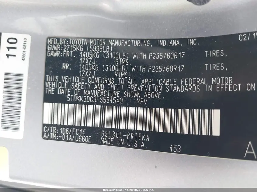 2015 TOYOTA SIENNA LE 8 PASSENGER