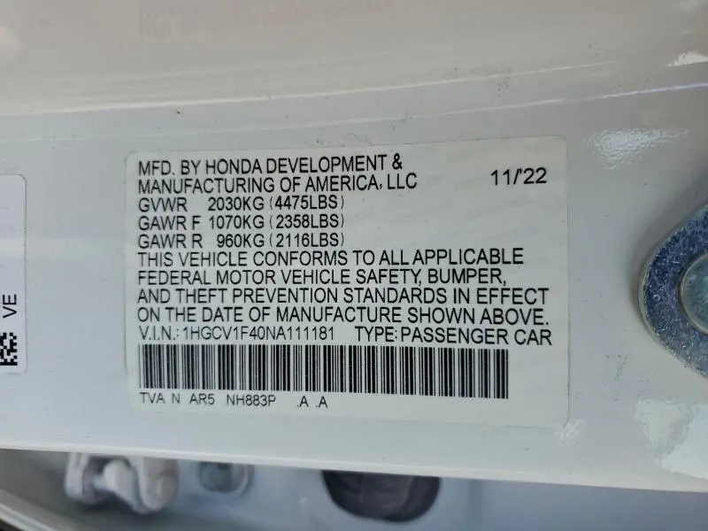 2022 HONDA ACCORD SPORT SE  