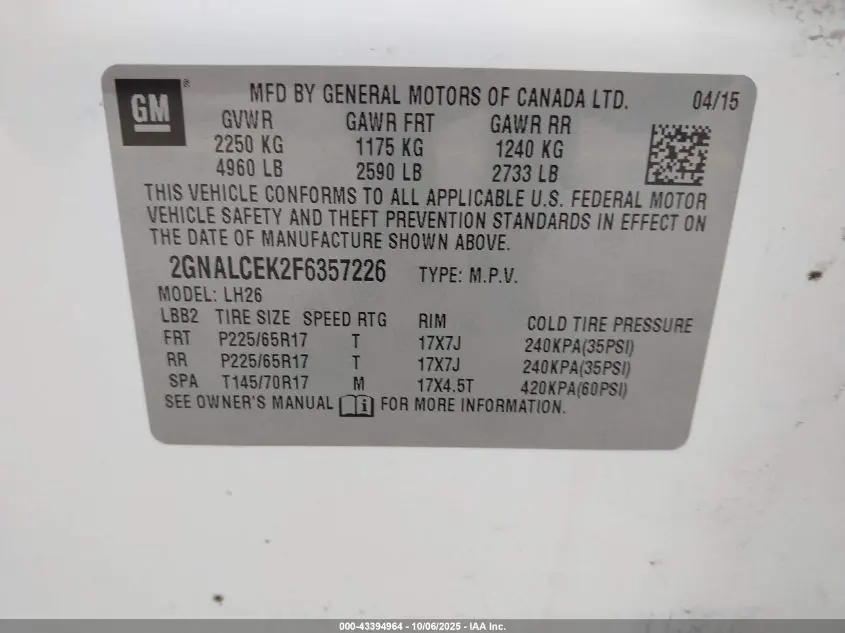 2015 CHEVROLET EQUINOX 2LT