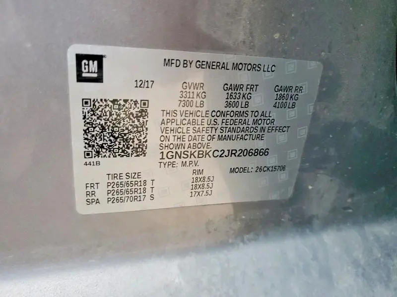 2018 CHEVROLET TAHOE K1500 LT  