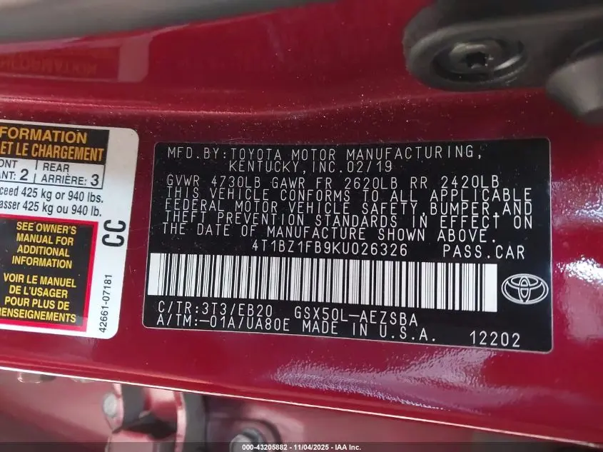 2019 TOYOTA AVALON TOURING