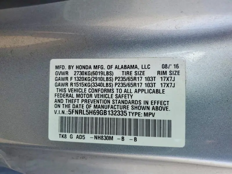 2016 HONDA ODYSSEY EXL  