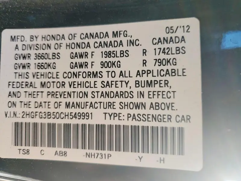 2012 HONDA CIVIC LX  