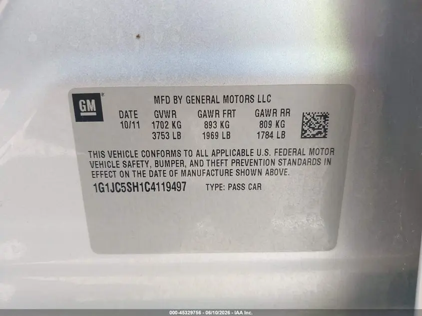 2012 CHEVROLET SONIC 2LT