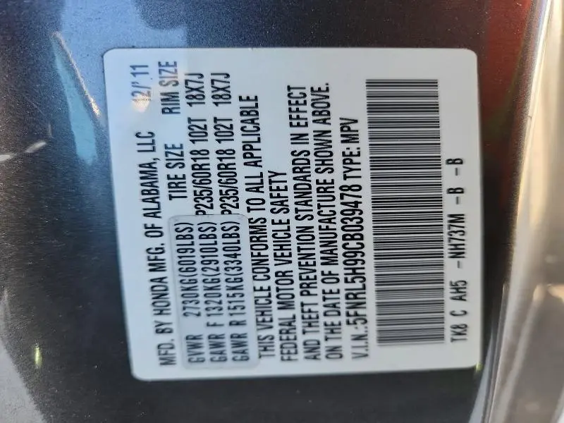 2012 HONDA ODYSSEY TOURING  