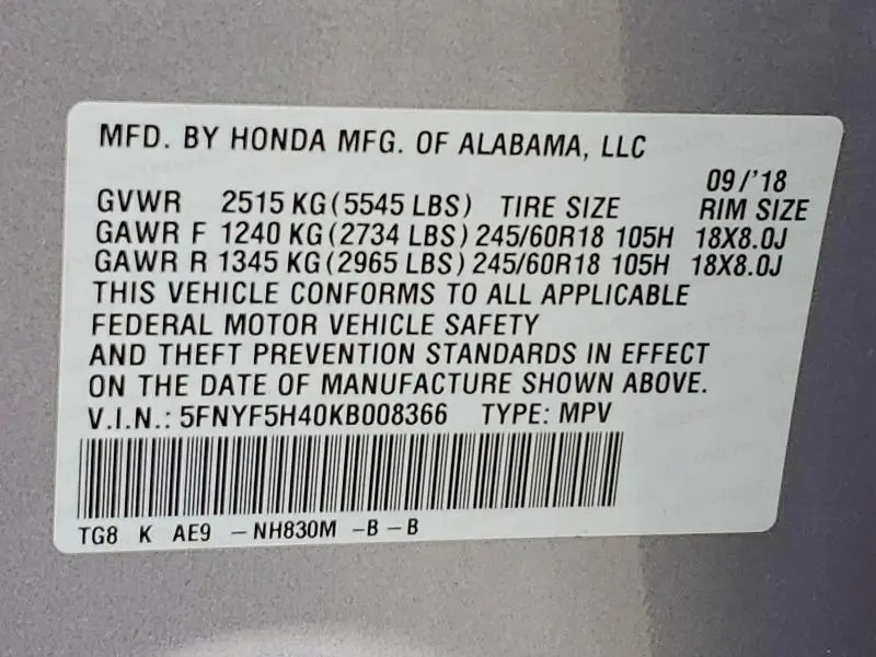 2019 HONDA PILOT EXL  