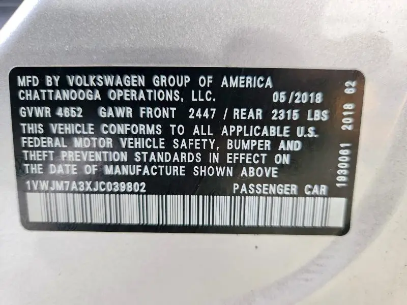 2018 VOLKSWAGEN PASSAT GT  