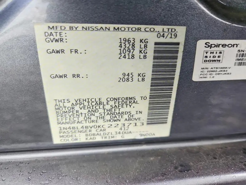 2019 NISSAN ALTIMA S  