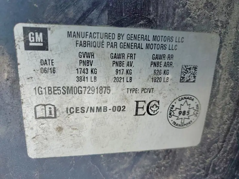 2016 CHEVROLET CRUZE LT  