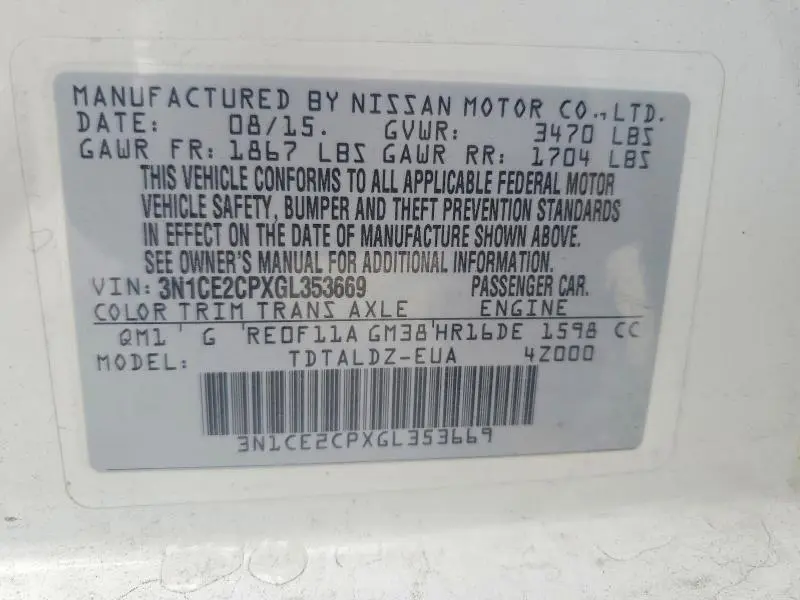 2016 NISSAN VERSA NOTE SV  