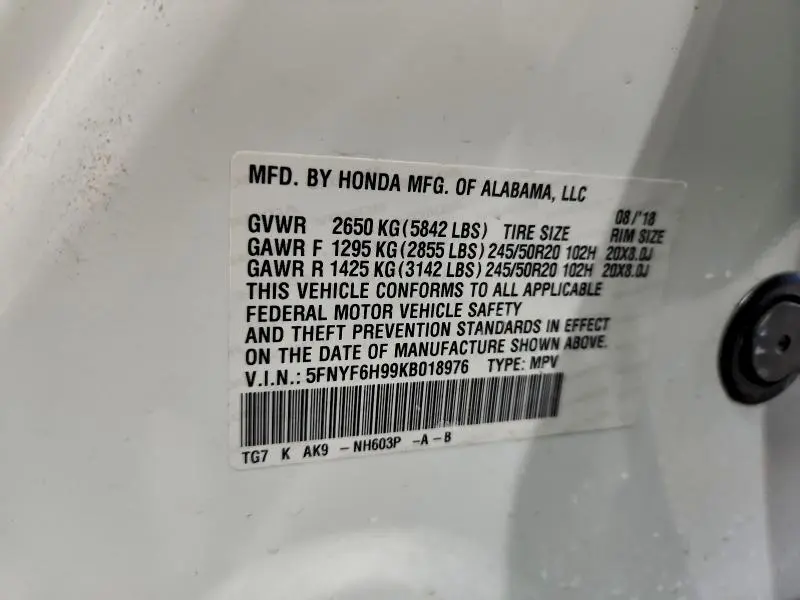 2019 HONDA PILOT TOURING  