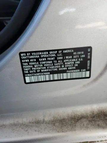 2015 VOLKSWAGEN PASSAT S  