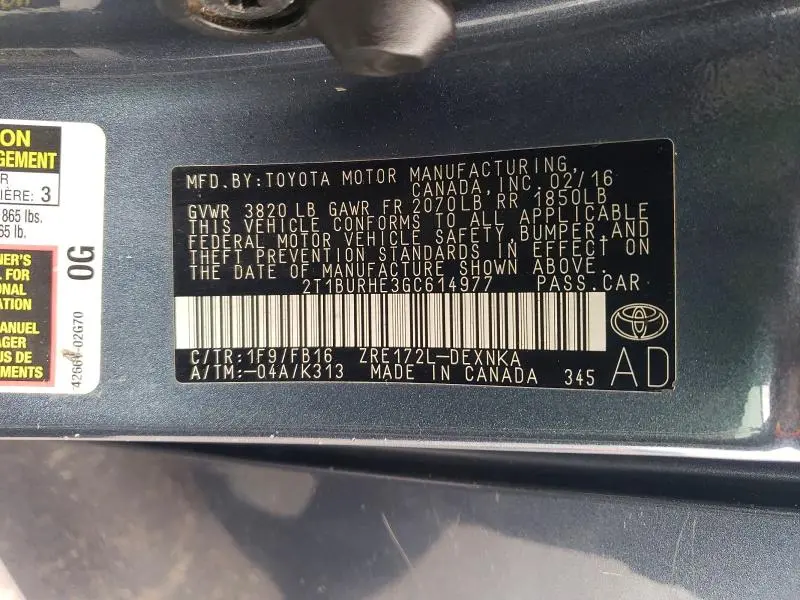 2016 TOYOTA COROLLA LE PLUS  