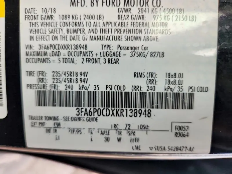 2019 FORD FUSION SEL  