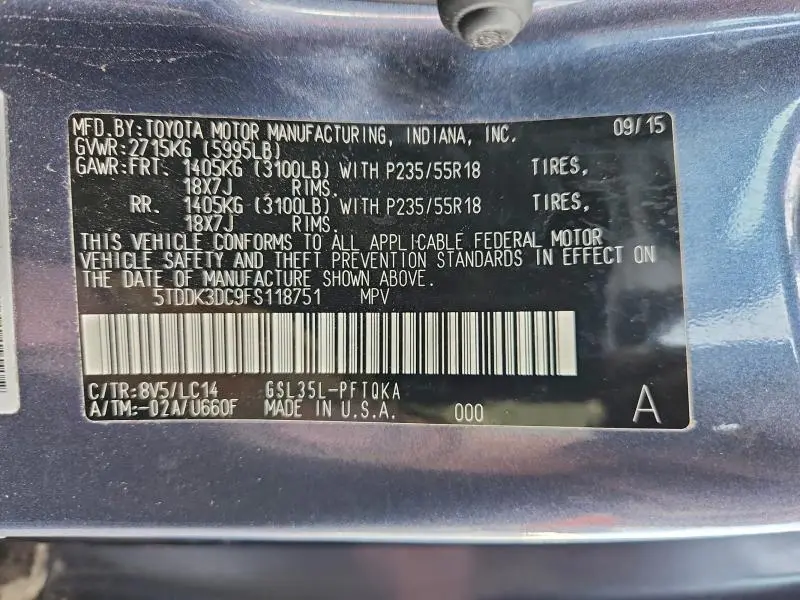 2015 TOYOTA SIENNA XLE  