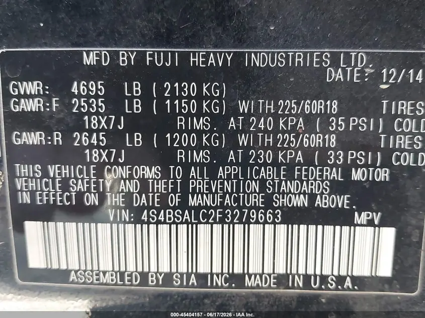 2015 SUBARU OUTBACK 2.5I LIMITED