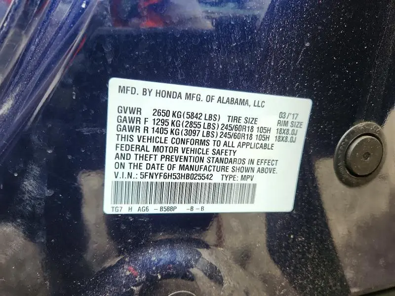 2017 HONDA PILOT EXL  