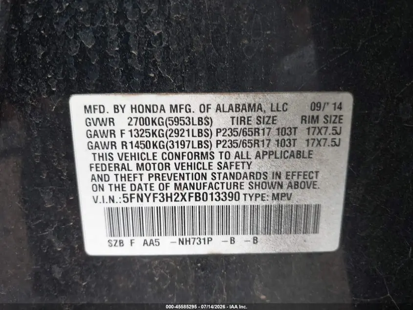 2015 HONDA PILOT LX