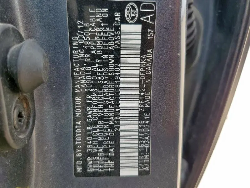 2012 TOYOTA COROLLA BASE  