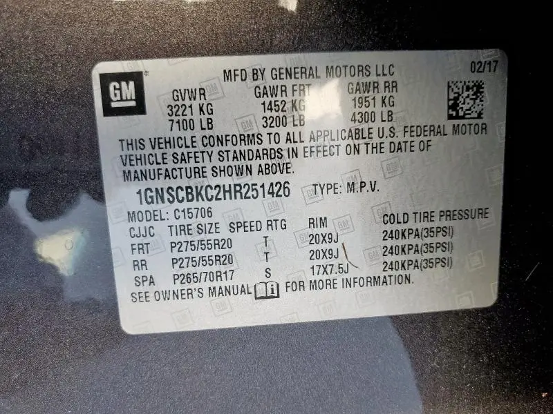 2017 CHEVROLET TAHOE C1500 LT  