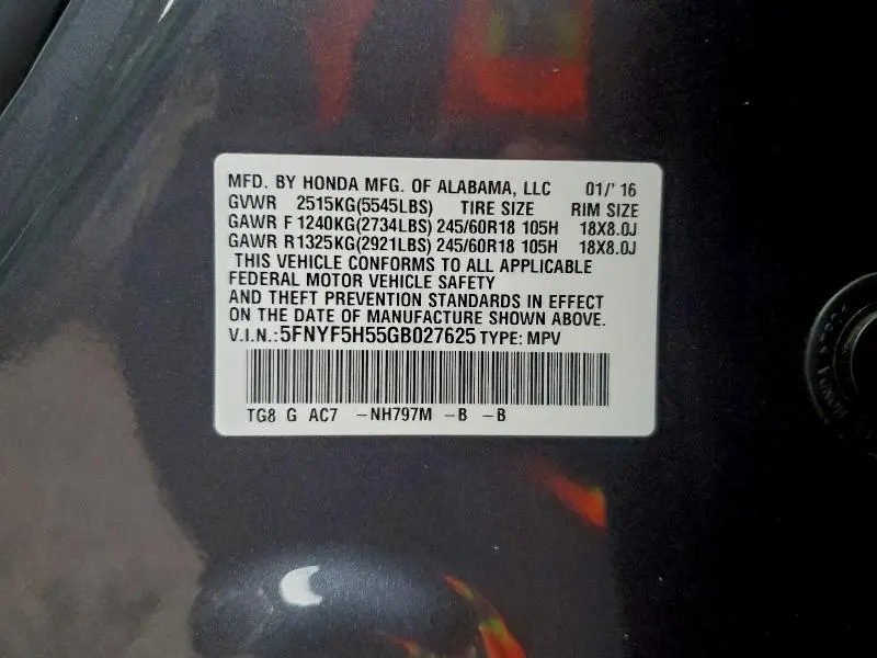 2016 HONDA PILOT EXL  