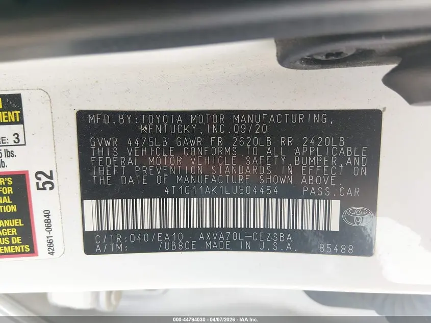 2020 TOYOTA CAMRY SE