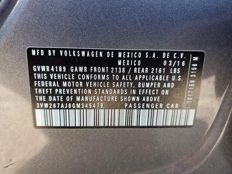 2016 VOLKSWAGEN JETTA S  