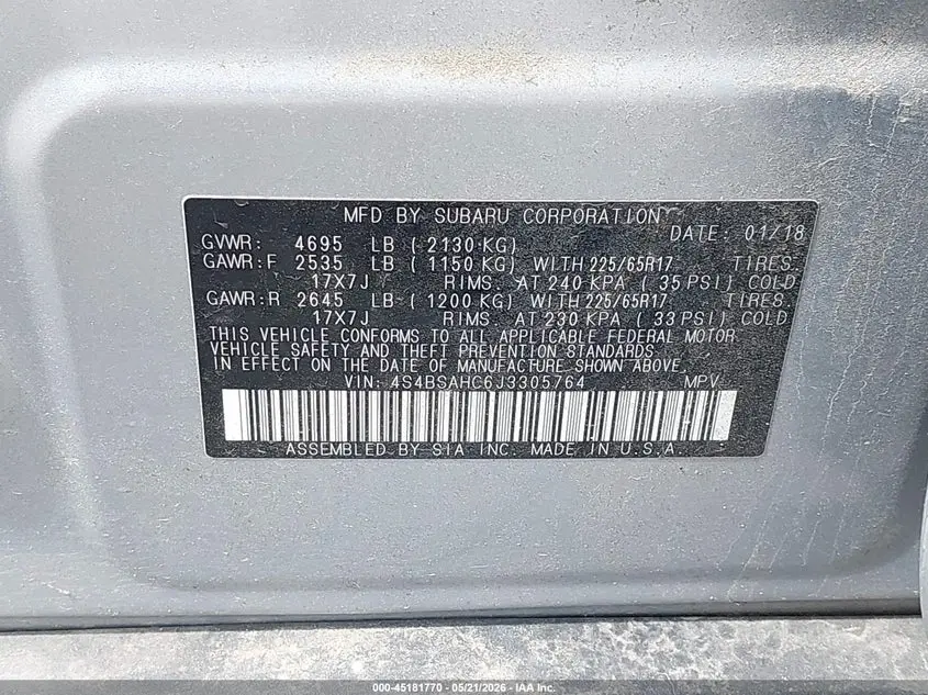 2018 SUBARU OUTBACK 2.5I PREMIUM