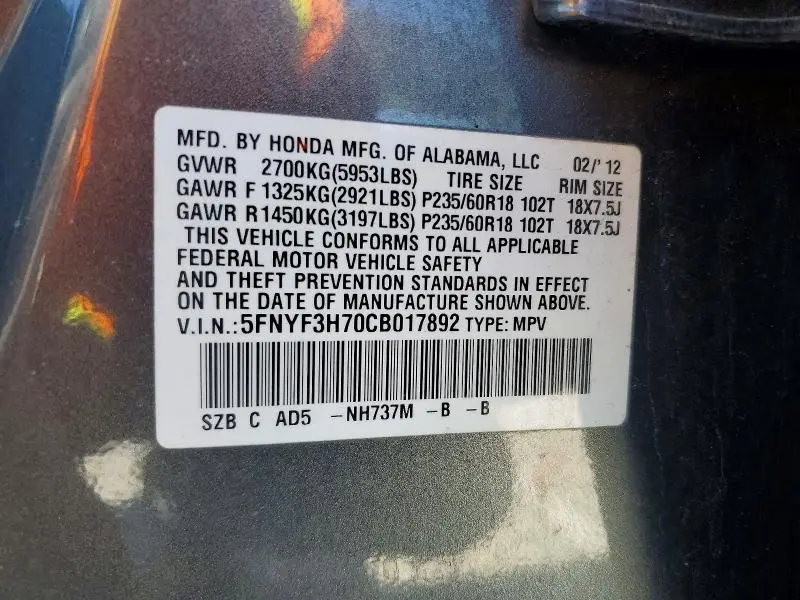 2012 HONDA PILOT EXLN  